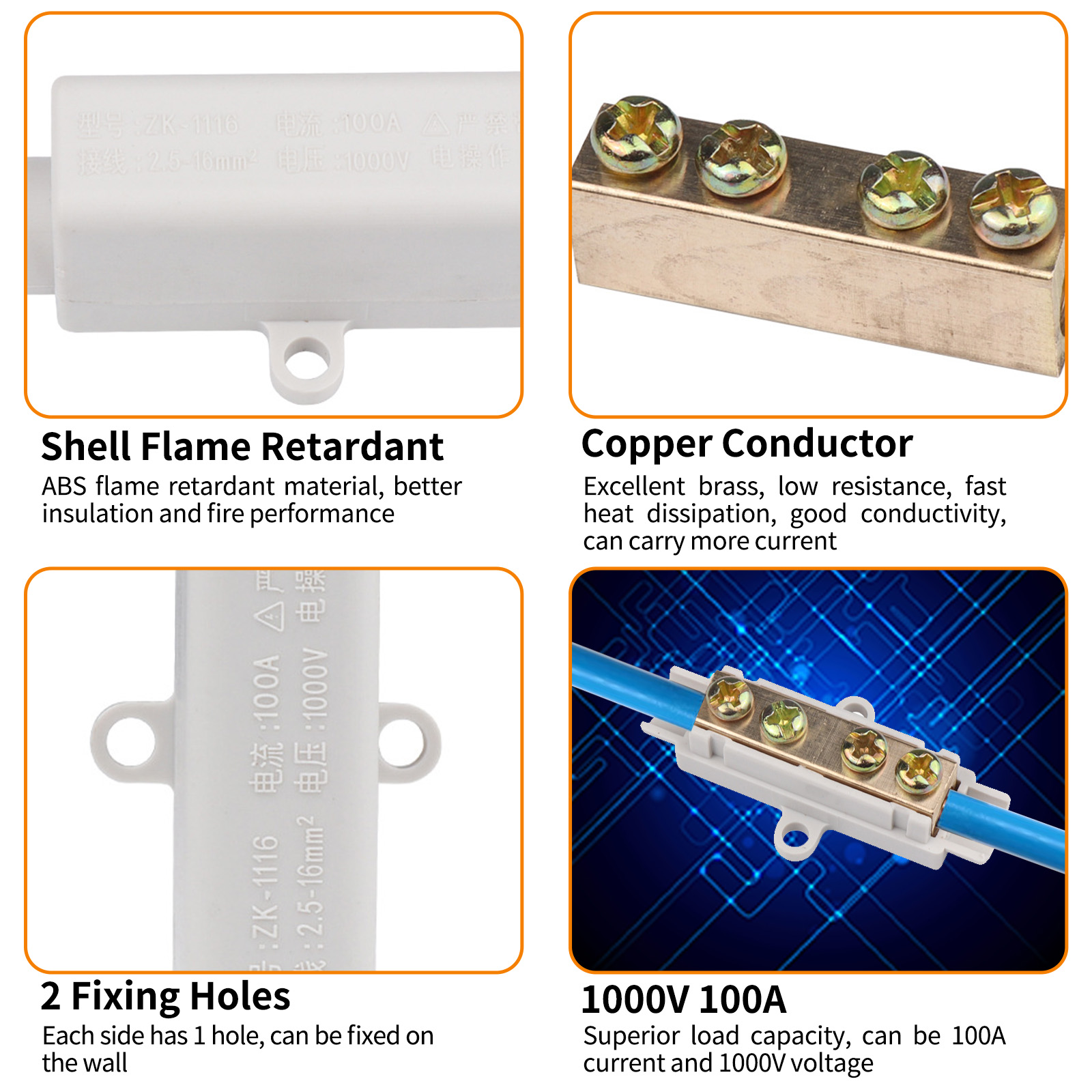 5Pcs Splice Quick Connector, 1000V 100A Inline Wire Terminal Block with Flame Retardant Shell, ZK-1116 Brass Conductor Cable Kit