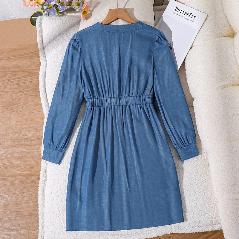 Girl's Dress Autumn New Style Children's Retro French Square Collar Spliced Princess Dress imitating Denim Long Skirt