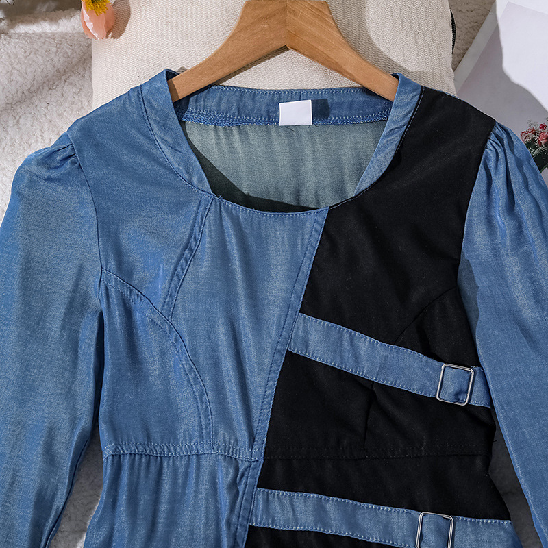 Girl's Dress Autumn New Style Children's Retro French Square Collar Spliced Princess Dress imitating Denim Long Skirt