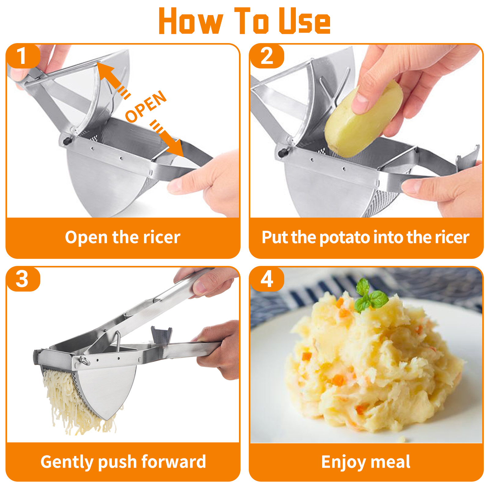 Potato Ricer, Potato Mashers, Heavy Duty Stainless Steel Garlic Crusher, Potatoes Saving Labor Masher with Nonslip