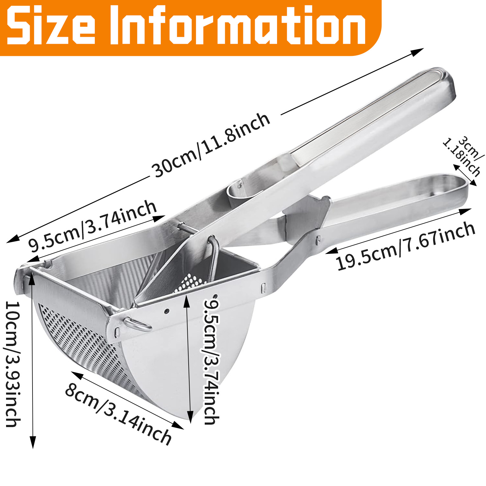 Potato Ricer, Potato Mashers, Heavy Duty Stainless Steel Garlic Crusher, Potatoes Saving Labor Masher with Nonslip