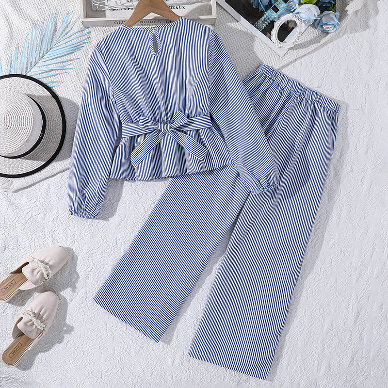 8-12Y Girls' Autumn Set New Fashion Children's Spliced Bow Top Striped Trousers Two-piece Set