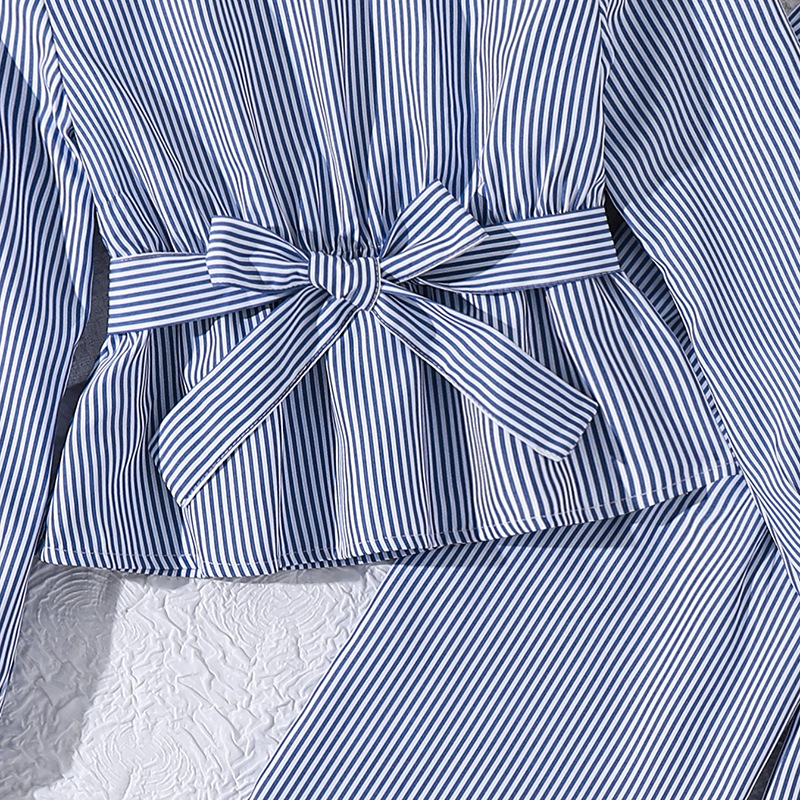 8-12Y Girls' Autumn Set New Fashion Children's Spliced Bow Top Striped Trousers Two-piece Set