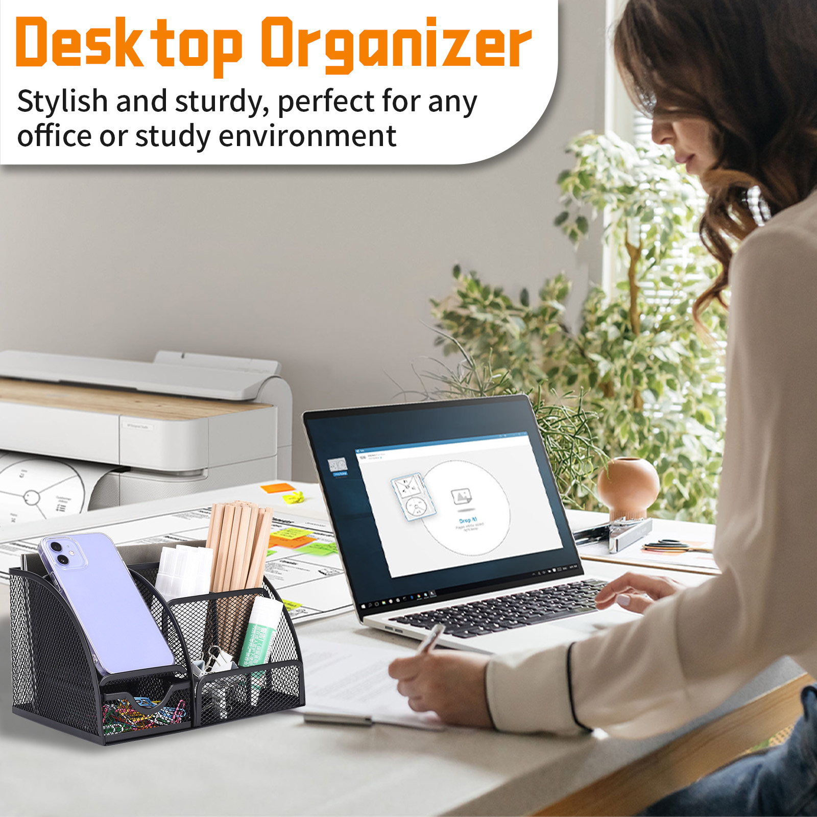 Desk Supplies Organisers, Mesh Desk Organiser with 6 Compartments and 1 Sliding Drawer