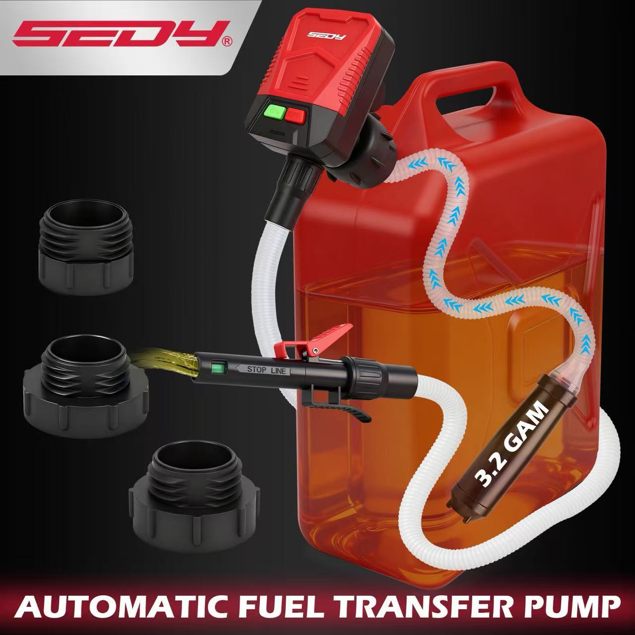 SEDY Automatic Fuel Transfer Pump with Auto-Stop Sensor(3.2 GPM), Battery Operated Gas Can Pump with 3 Can Adapters