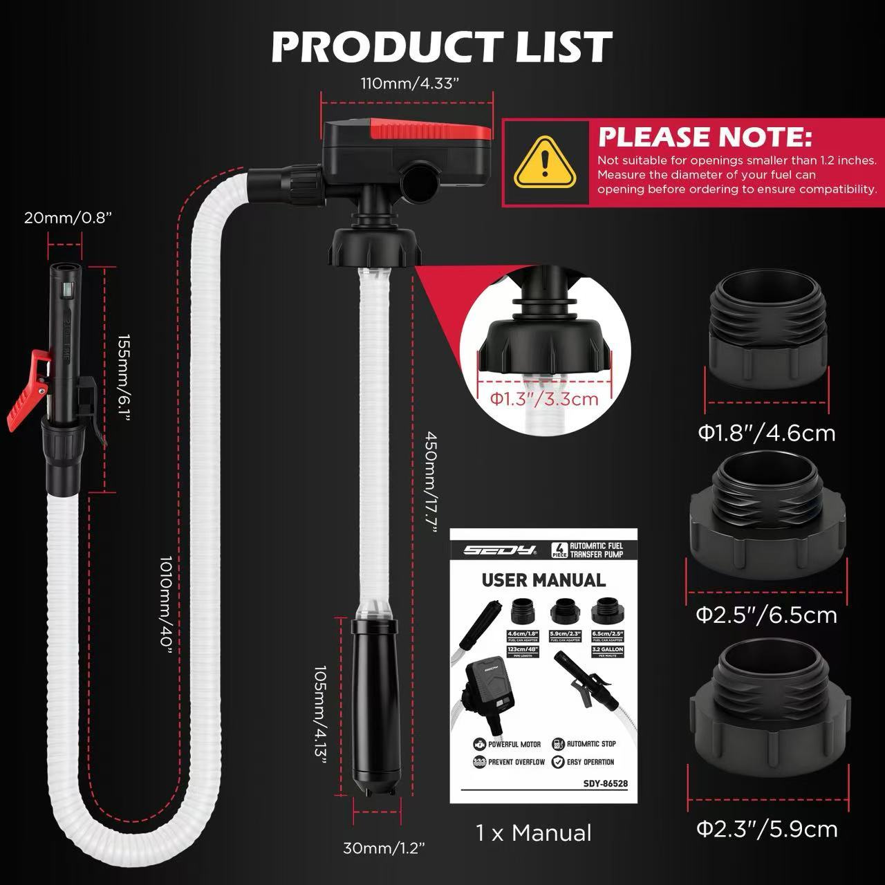 SEDY Automatic Fuel Transfer Pump with Auto-Stop Sensor(3.2 GPM), Battery Operated Gas Can Pump with 3 Can Adapters