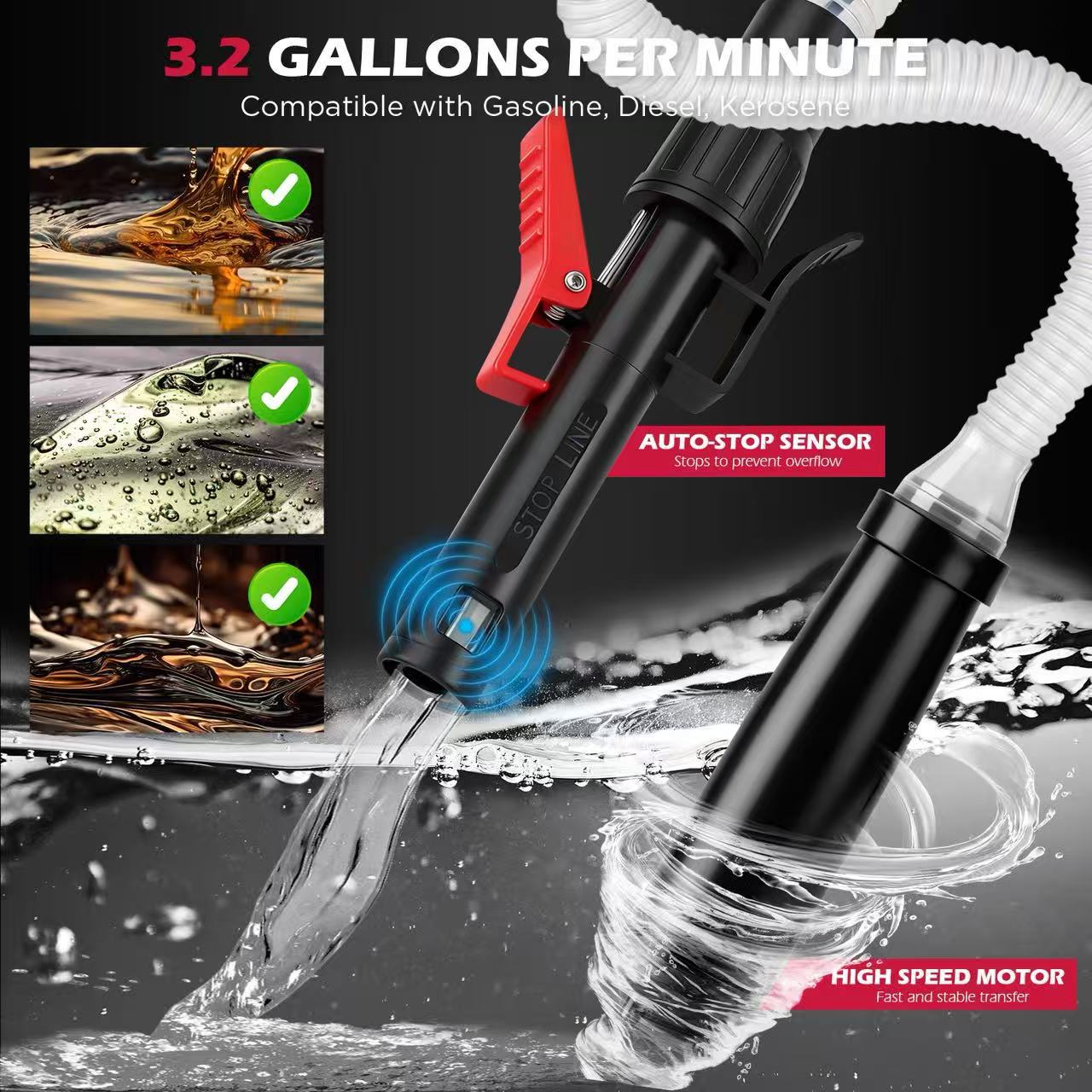 SEDY Automatic Fuel Transfer Pump with Auto-Stop Sensor(3.2 GPM), Battery Operated Gas Can Pump with 3 Can Adapters