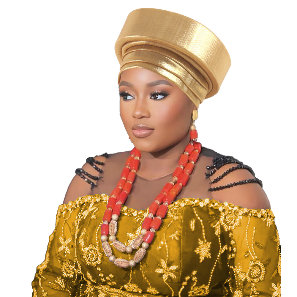 Bronzing African Headtie Braid Turban Caps for Women Nigeria Wedding Geles Party Headgear Headpiece Auto Gele Female Head Wraps