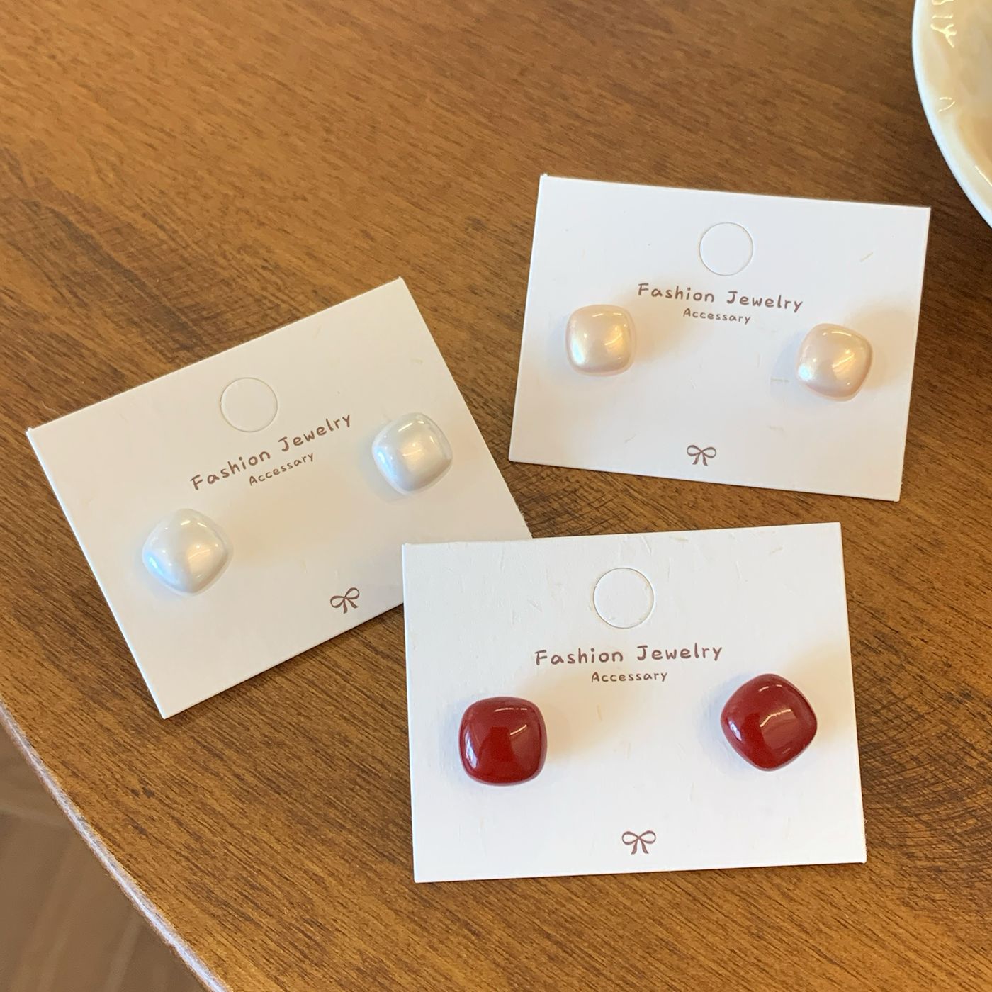 Korean-Inspired Square Pearl Stud Earrings — Minimalist Red Champagne Anokara Design, Hypoallergenic Silver Needle, Ultra-Lightw