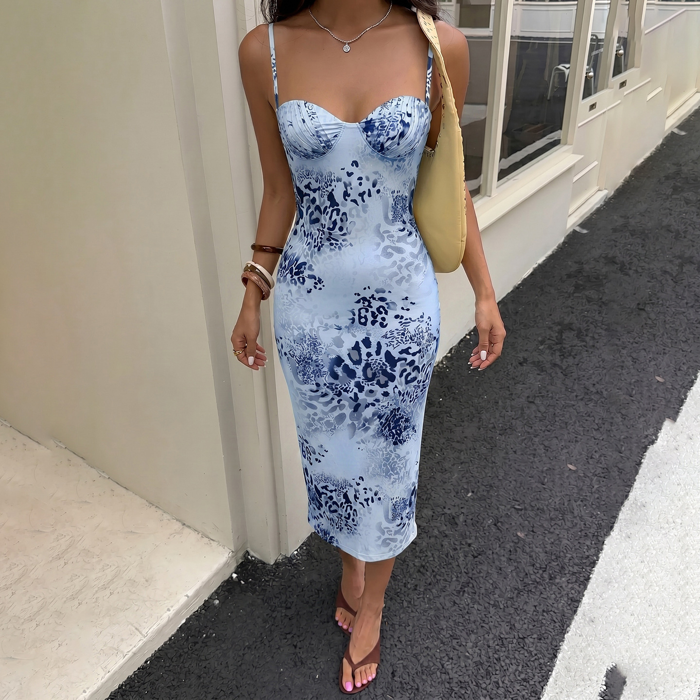 Leopard Print Dress Women Sexy Trend Low-Neck Ruched Patchwork Sleeveless Fashion Chic Vacation Party Club Bodycon