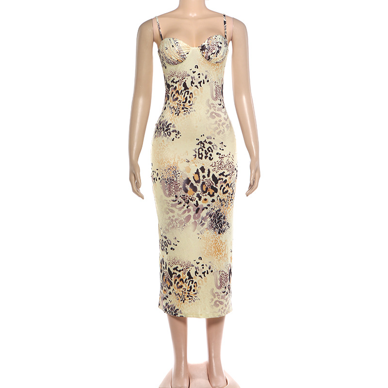 Leopard Print Dress Women Sexy Trend Low-Neck Ruched Patchwork Sleeveless Fashion Chic Vacation Party Club Bodycon