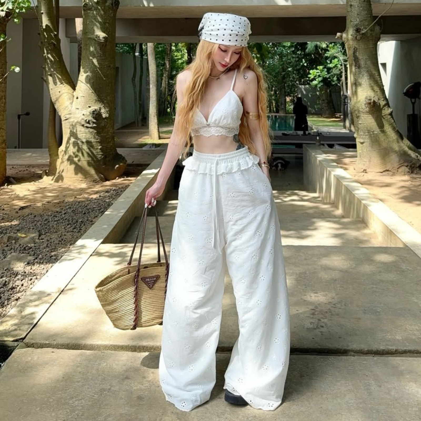 Women French Vacation Lace Hollow Camisole Pure Desire Ruffle Tie Wide Leg Pants Sleeveless High Waist Loose Trousers Beach Set