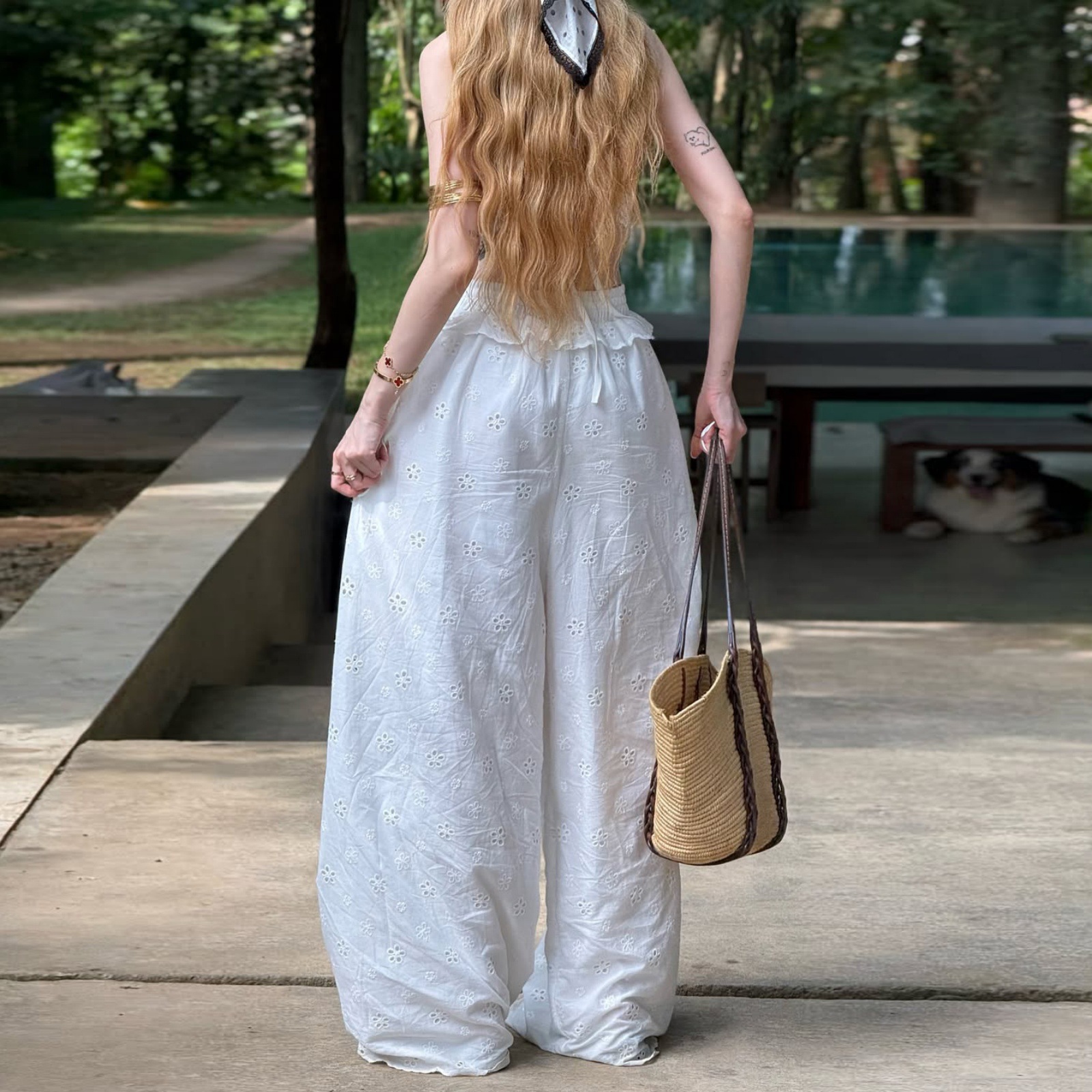 Women French Vacation Lace Hollow Camisole Pure Desire Ruffle Tie Wide Leg Pants Sleeveless High Waist Loose Trousers Beach Set