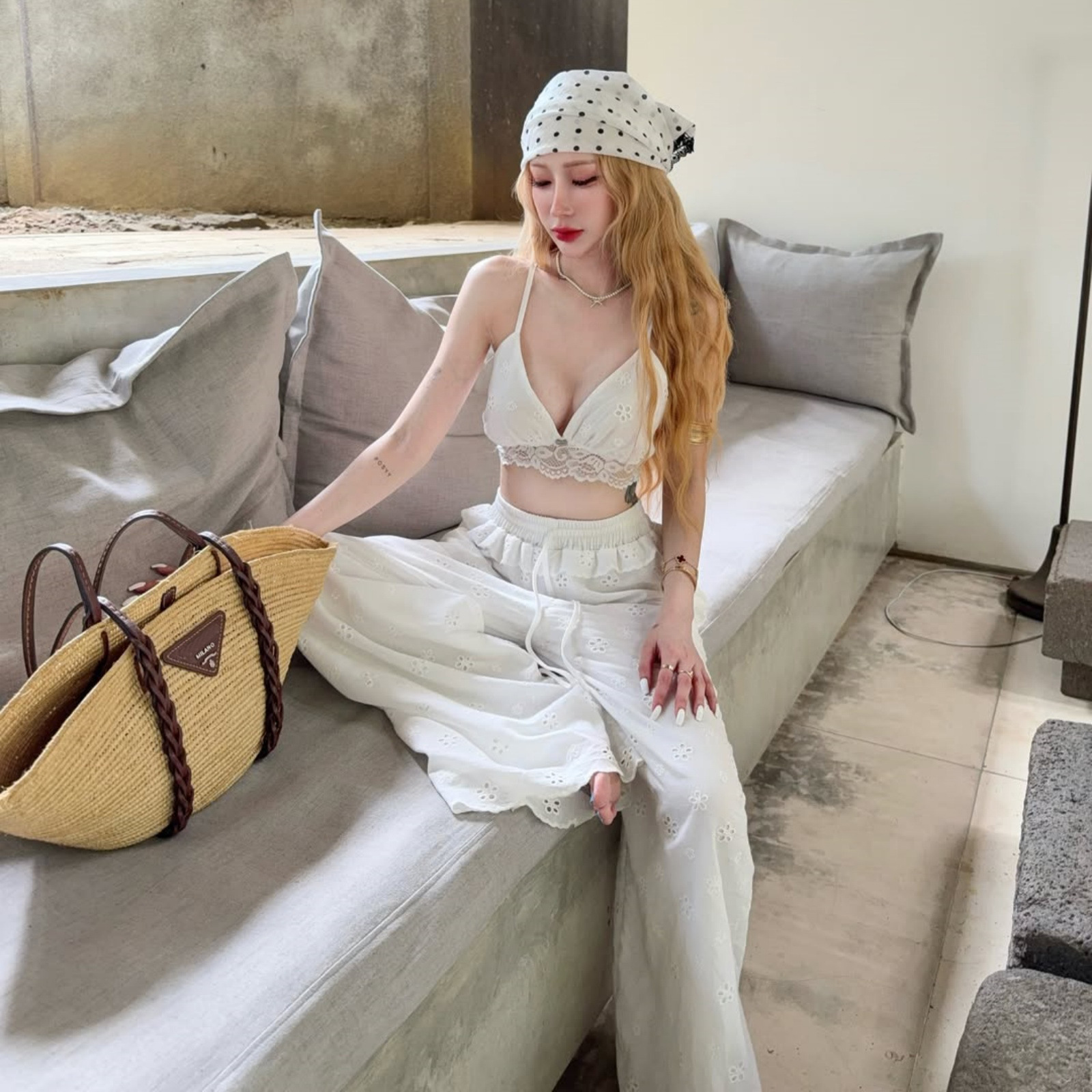 Women French Vacation Lace Hollow Camisole Pure Desire Ruffle Tie Wide Leg Pants Sleeveless High Waist Loose Trousers Beach Set