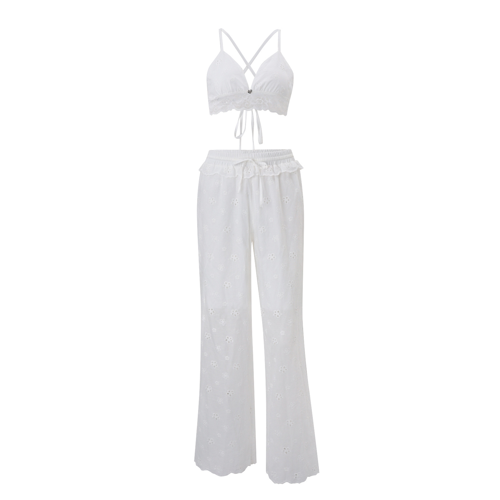 Women French Vacation Lace Hollow Camisole Pure Desire Ruffle Tie Wide Leg Pants Sleeveless High Waist Loose Trousers Beach Set