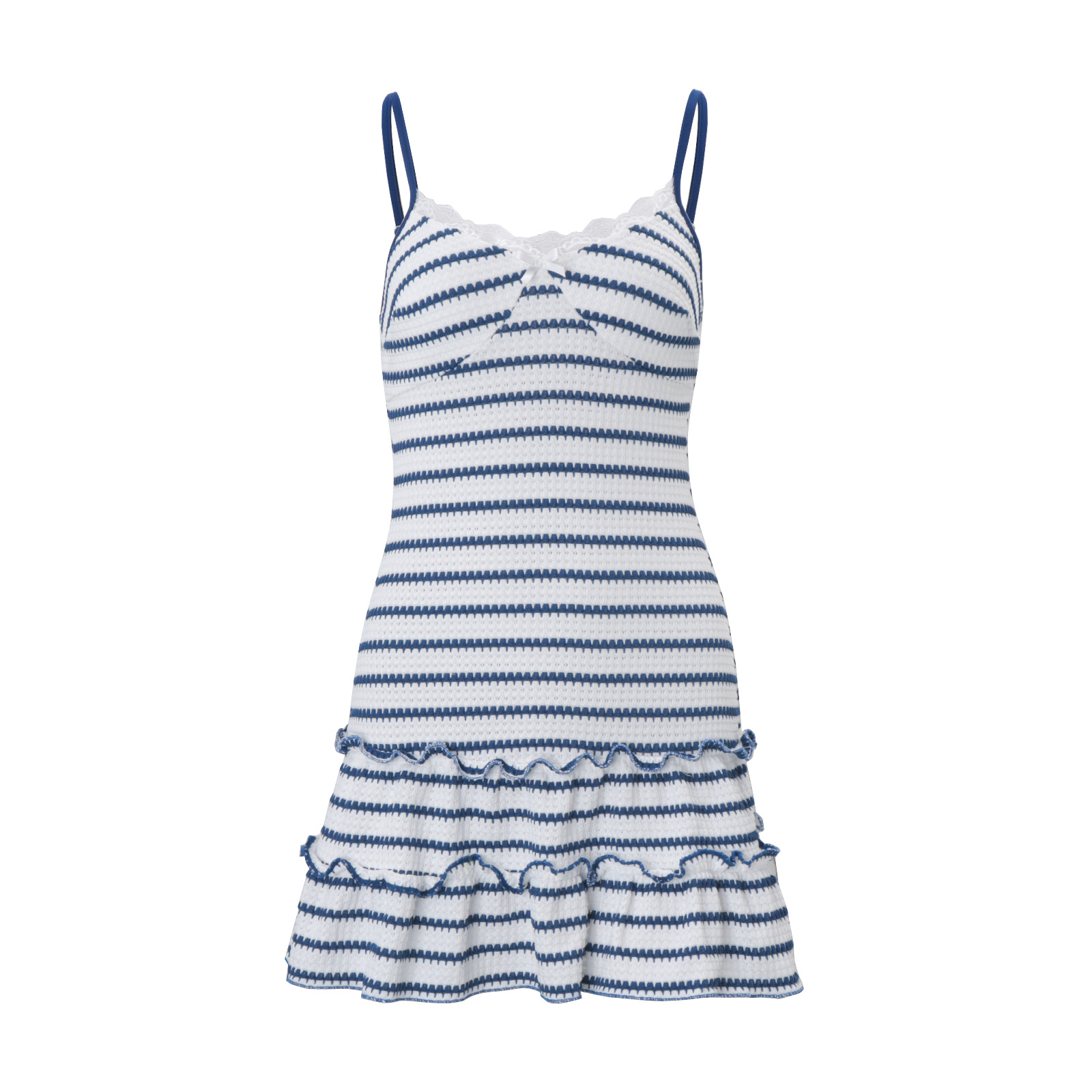 Blue White Textured Knit Sundress Ladies Thin Strap Lace Trim Bow Front Flounce Short Skirt Y2K Hot Girl Dating Dresses