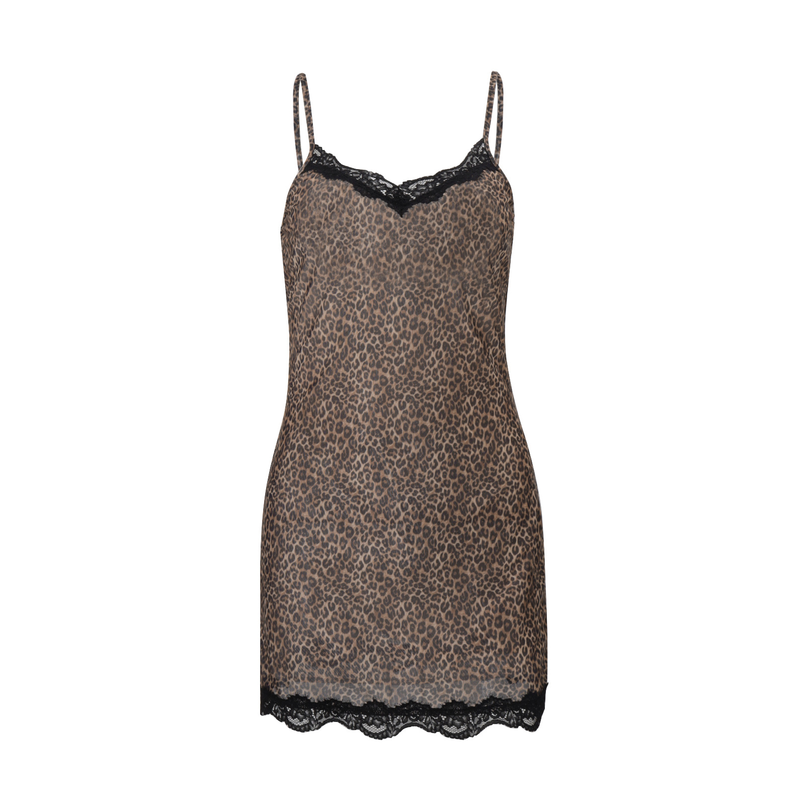 Lace Trim Leopard Nightdress V Neck Sling Backless Split Slip Sleep Dress Women's Sleepwear Dresses