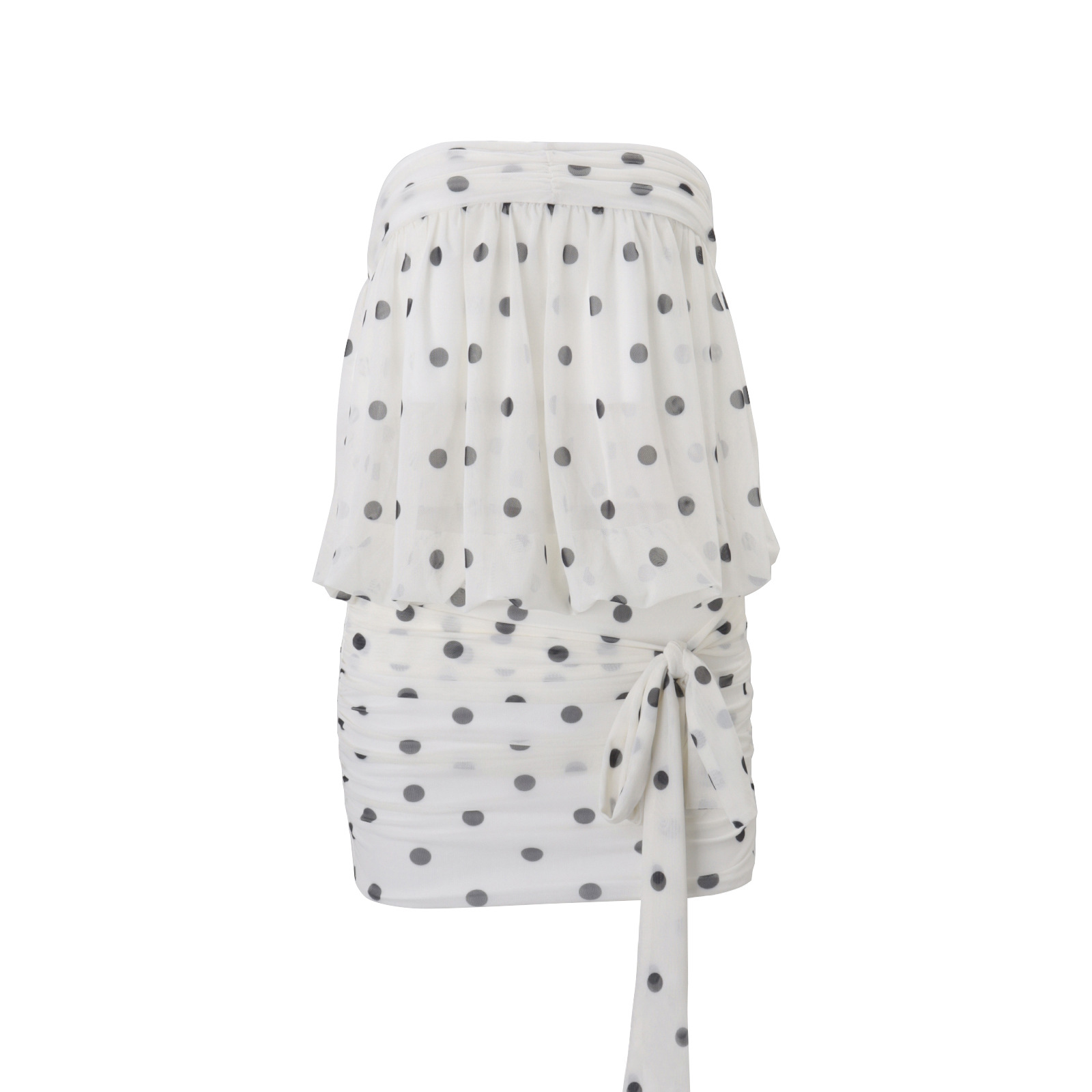 Polka Dot Print Dress Women Tassel Chest Wrap Folds Mesh Fashion Elegant Summer Birthday Party Sweet Mini Bodycon