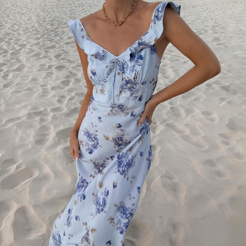 Summer Floral Print Plunge Maxi Dress Outfits Sexy Backless Fairy Sun Dresses Vacation Beachwear Vestido Coquette