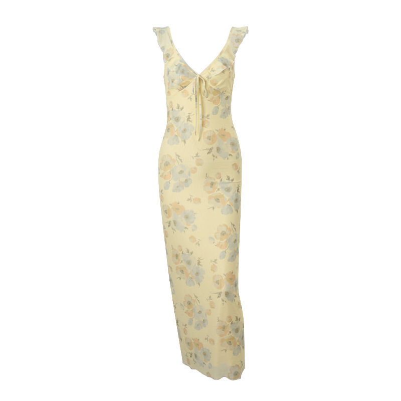 Summer Floral Print Plunge Maxi Dress Outfits Sexy Backless Fairy Sun Dresses Vacation Beachwear Vestido Coquette