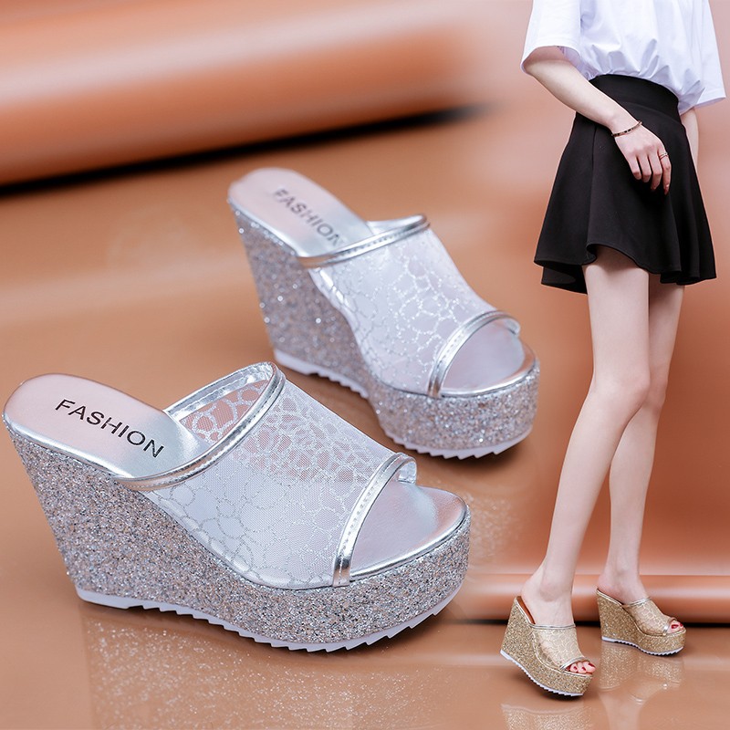 Free delivery of high-quality 2026 new summer women's shoes hot selling fish mouth wedge heel mesh slippers