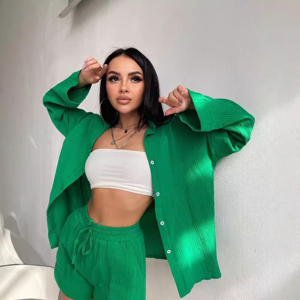 Women's Long Sleeve Commute Shirt and Shorts Two-Piece Set