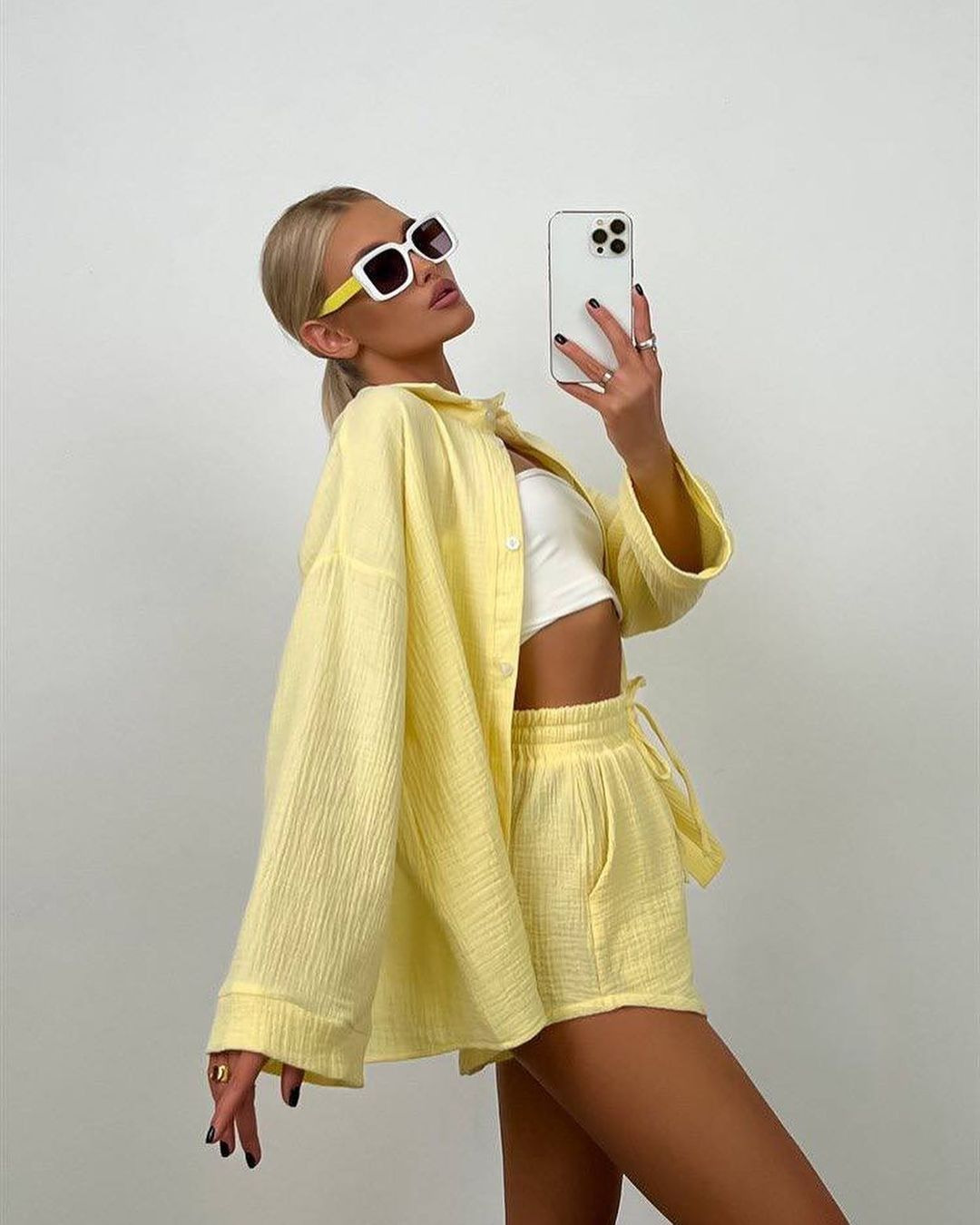 Women's Long Sleeve Commute Shirt and Shorts Two-Piece Set