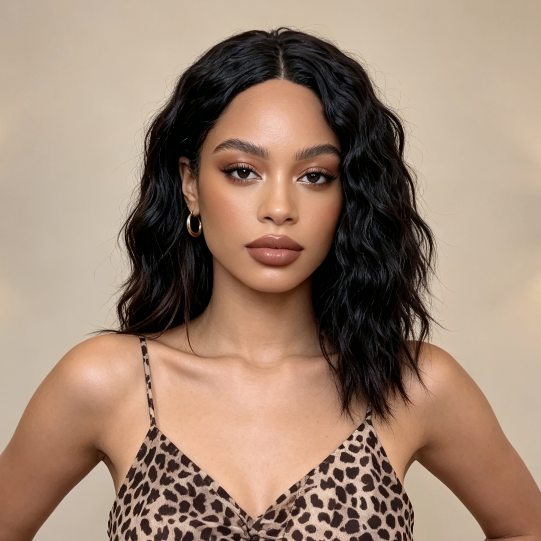 Women’s Black Water Wave Bob Wig, Synthetic Fiber Full Head Wig, Middle Part Short Curly Wig, Easy to Style Daily Use Wig