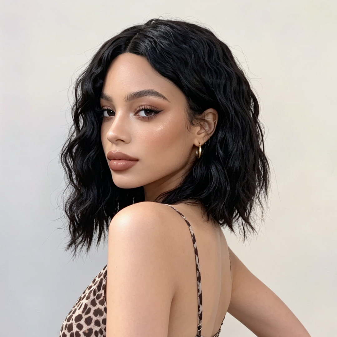 Women’s Black Water Wave Bob Wig, Synthetic Fiber Full Head Wig, Middle Part Short Curly Wig, Easy to Style Daily Use Wig