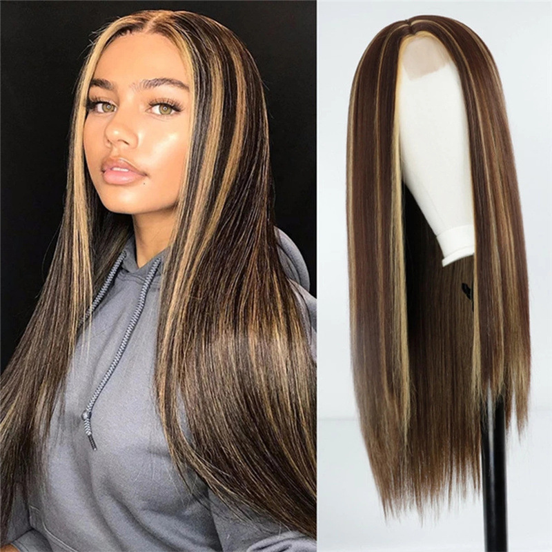 Dinner Party Woman Center Parted Bangs Wig Europe and America Lady Straight Hair Bar Performance Dress Up Highlight Long Hair