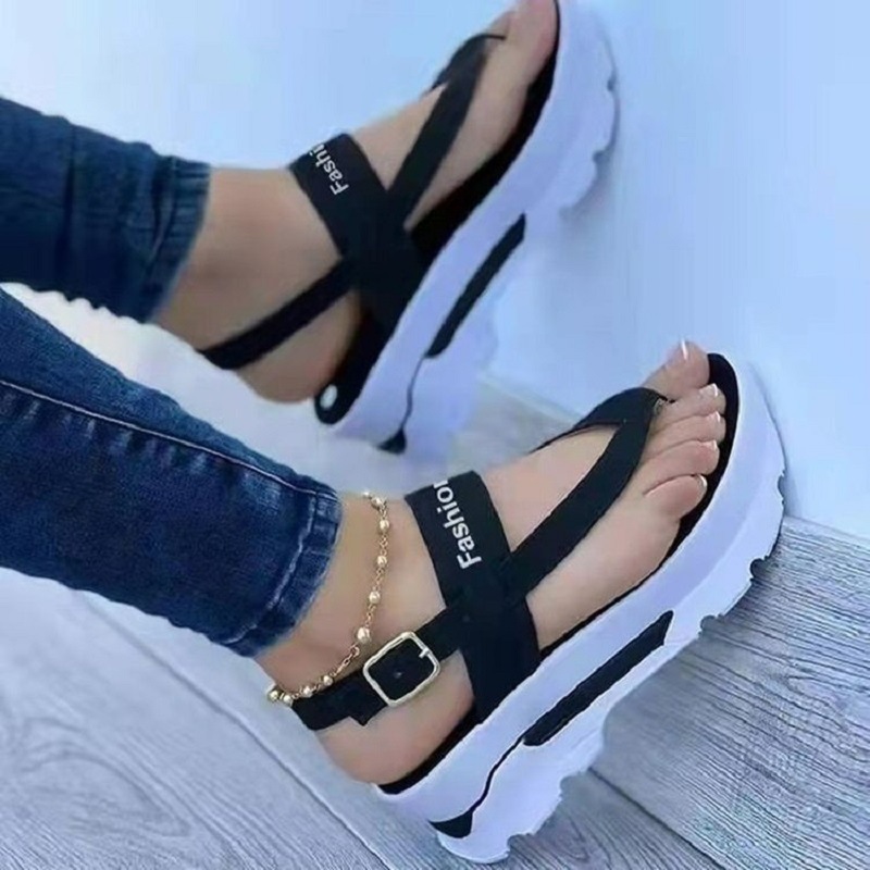 Women’s sandals, thong-style, chunky-soled, height-enhancing, plain-coloured casual shoes in large sizes