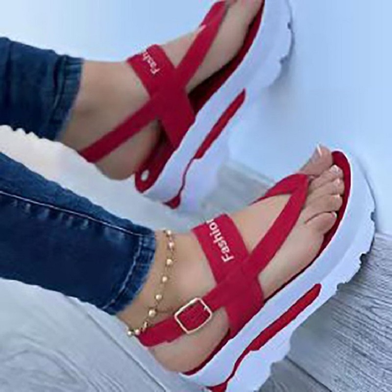 Women’s sandals, thong-style, chunky-soled, height-enhancing, plain-coloured casual shoes in large sizes
