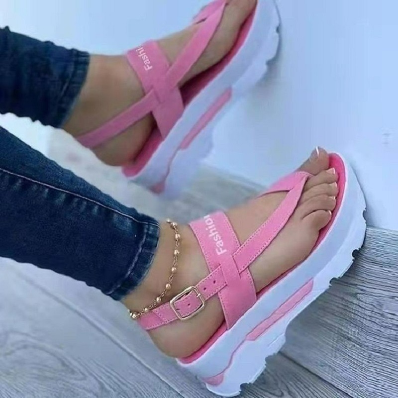 Women’s sandals, thong-style, chunky-soled, height-enhancing, plain-coloured casual shoes in large sizes