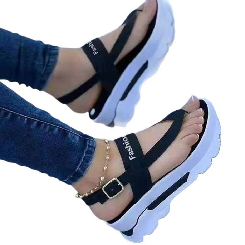 Women’s sandals, thong-style, chunky-soled, height-enhancing, plain-coloured casual shoes in large sizes