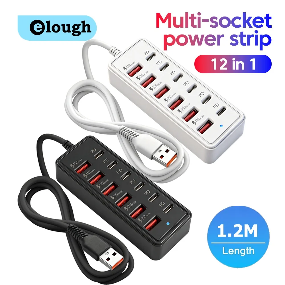 Multi-socket Power Strip 12 in 1 Desktop Charging Station USB Electrical Socket Adapter 6USB+6Type C HUB Charger With USB Cable