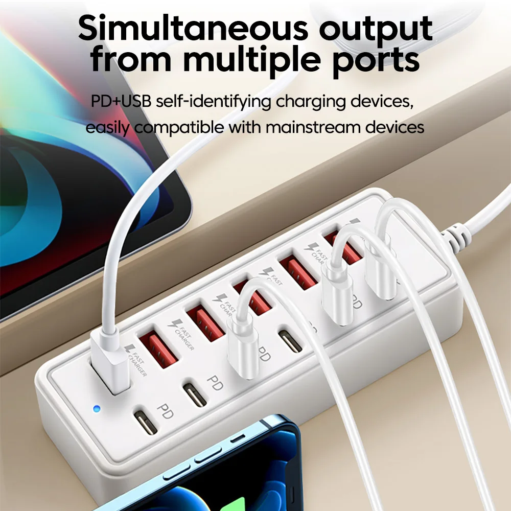 Multi-socket Power Strip 12 in 1 Desktop Charging Station USB Electrical Socket Adapter 6USB+6Type C HUB Charger With USB Cable