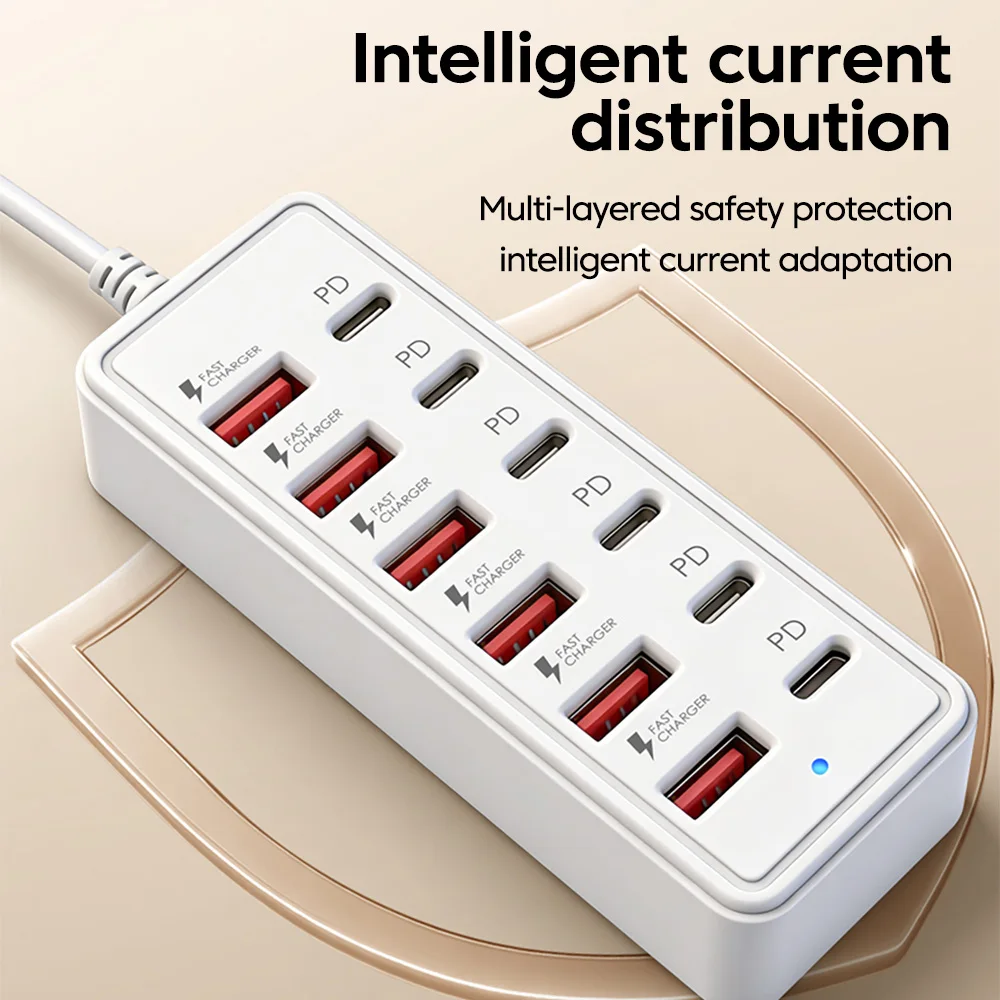 Multi-socket Power Strip 12 in 1 Desktop Charging Station USB Electrical Socket Adapter 6USB+6Type C HUB Charger With USB Cable