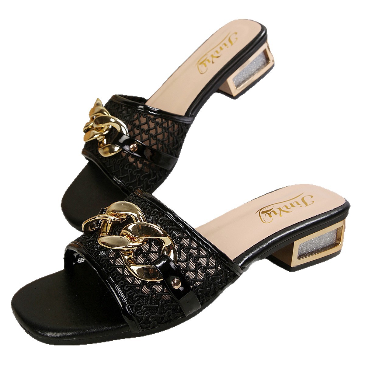 Free delivery of high-quality 2026 new summer women's shoes hot selling chain decoration buckle square head slippers
