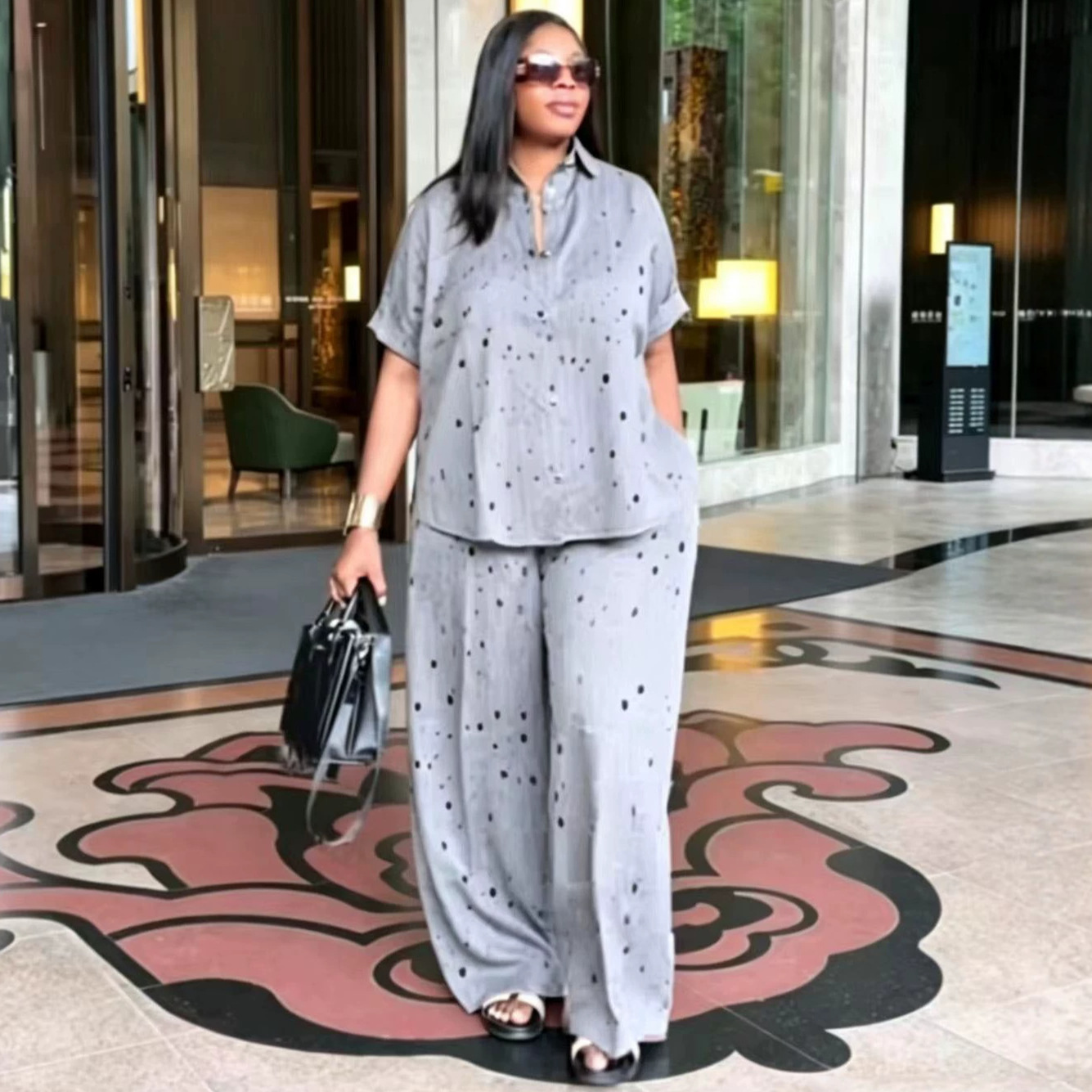 Free delivery of high-quality 2026 new summer women's clothing hot selling short sleeved collar shirt long pants two-piece set
