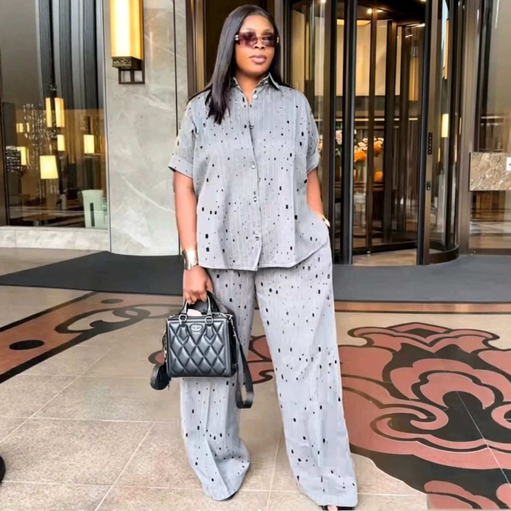 Free delivery of high-quality 2026 new summer women's clothing hot selling short sleeved collar shirt long pants two-piece set