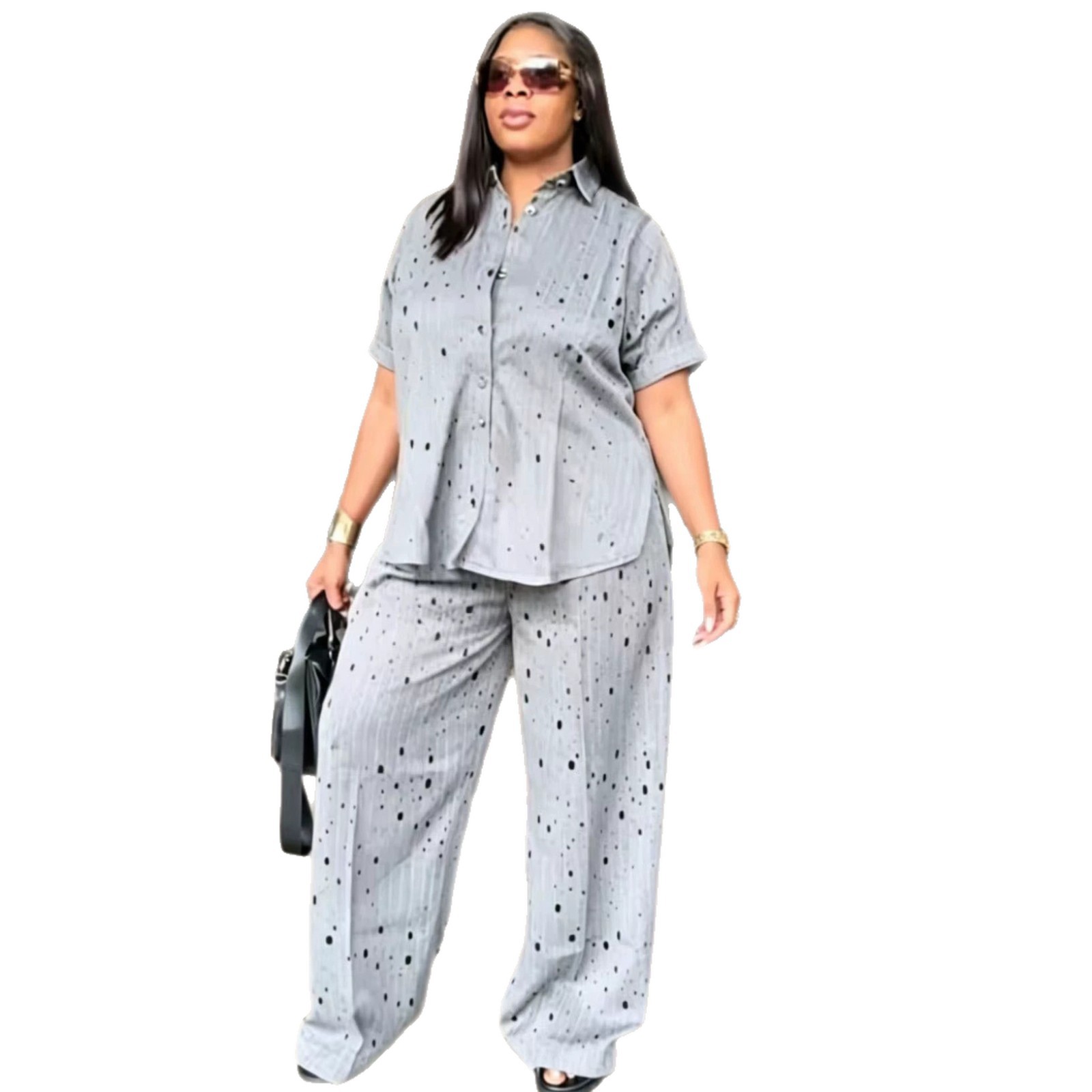 Free delivery of high-quality 2026 new summer women's clothing hot selling short sleeved collar shirt long pants two-piece set