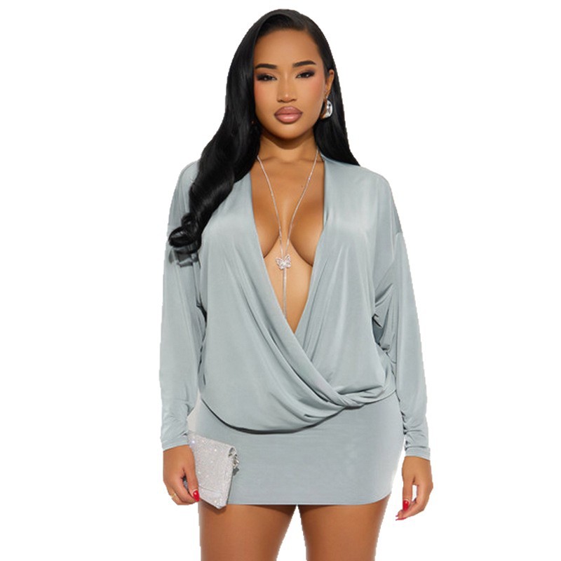 Free delivery of high-quality 2026 new summer women's clothing hot selling deep V-long sleeved sexy hip hugging dress
