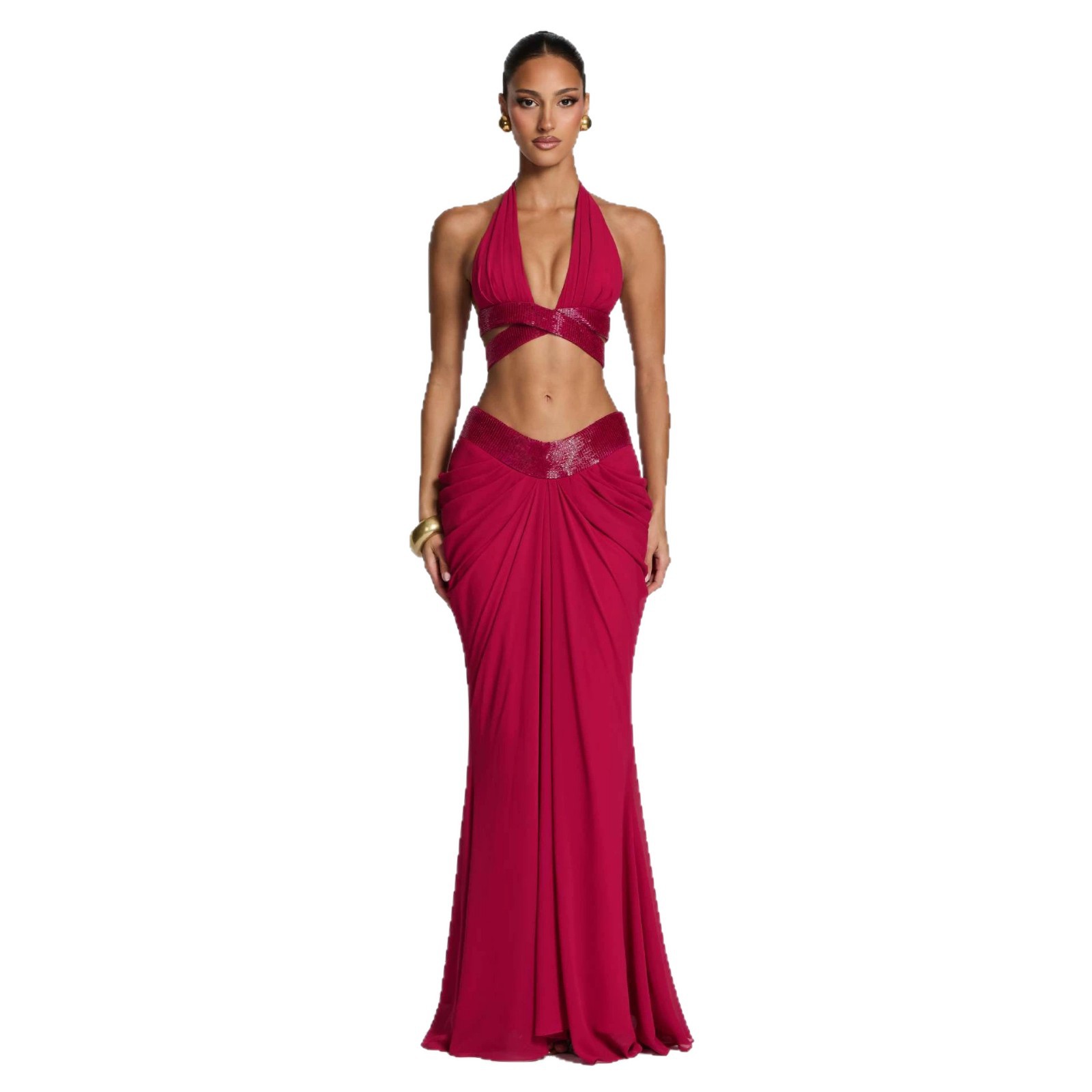 Free delivery of high-quality 2026 new summer women's clothing hot selling hanging neck deep V-strap sexy strap half skirt set
