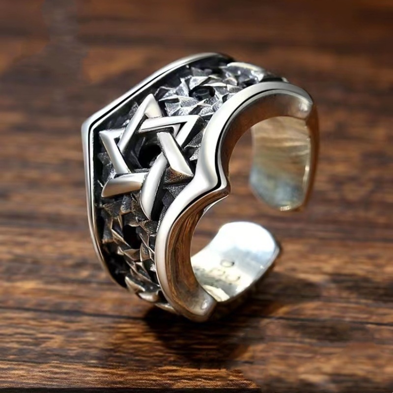 S925 Thai Silver Hexagram Star Inlaid Ring for Men's Fashion Hip Hop Trendy Middle Finger Ring Geometric Trendy Retro