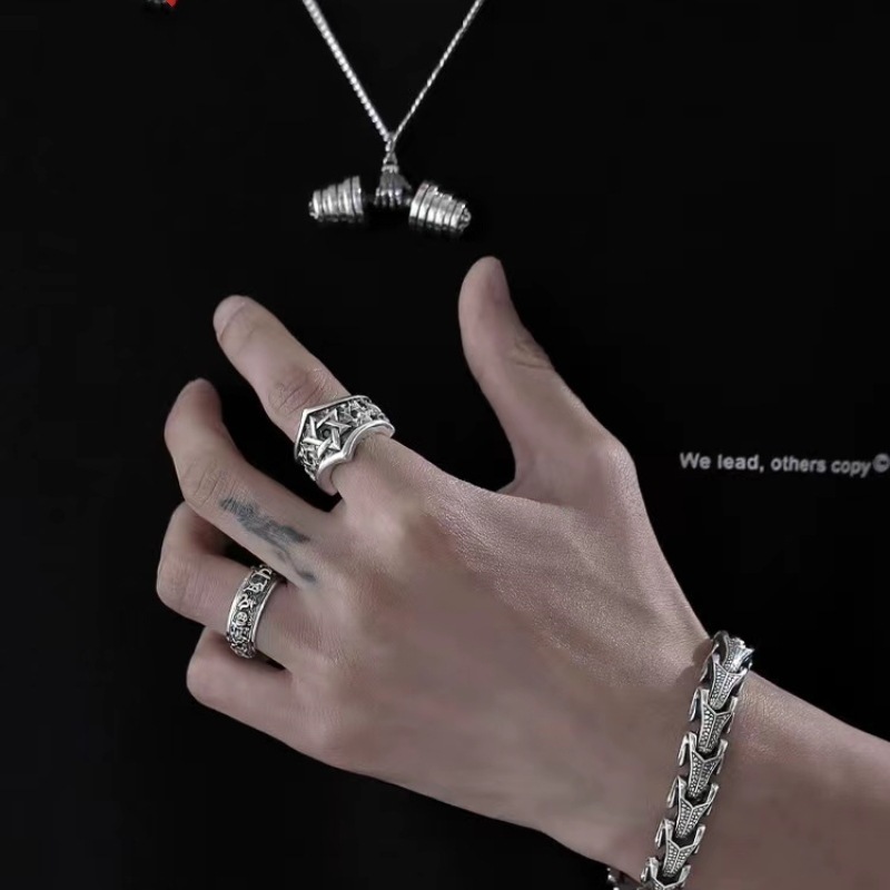 S925 Thai Silver Hexagram Star Inlaid Ring for Men's Fashion Hip Hop Trendy Middle Finger Ring Geometric Trendy Retro