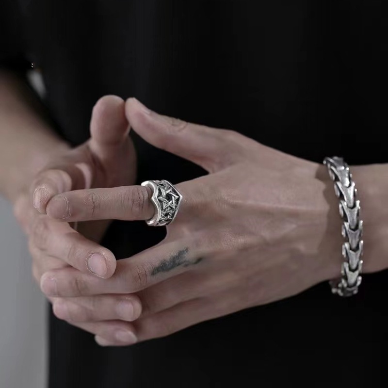 S925 Thai Silver Hexagram Star Inlaid Ring for Men's Fashion Hip Hop Trendy Middle Finger Ring Geometric Trendy Retro