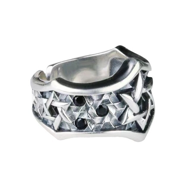S925 Thai Silver Hexagram Star Inlaid Ring for Men's Fashion Hip Hop Trendy Middle Finger Ring Geometric Trendy Retro