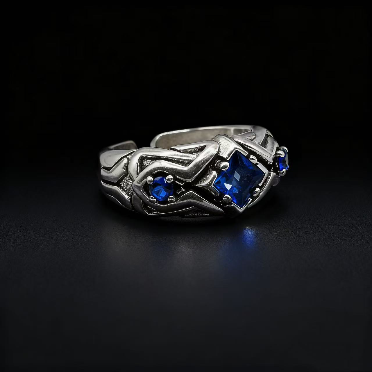 New fashion trend retro sapphire ring for men  Thai silver light luxury  niche  unique opening  versatile and handsome ring