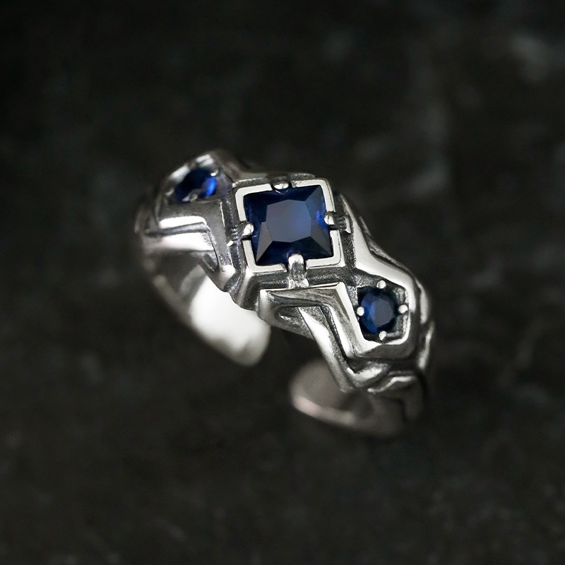 New fashion trend retro sapphire ring for men  Thai silver light luxury  niche  unique opening  versatile and handsome ring