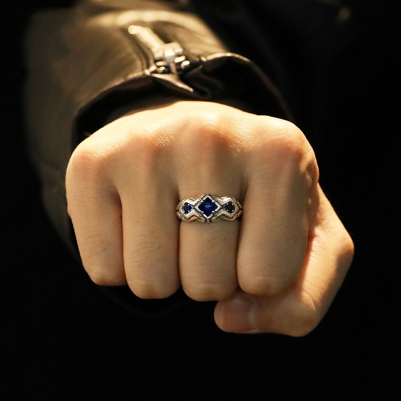 New fashion trend retro sapphire ring for men  Thai silver light luxury  niche  unique opening  versatile and handsome ring
